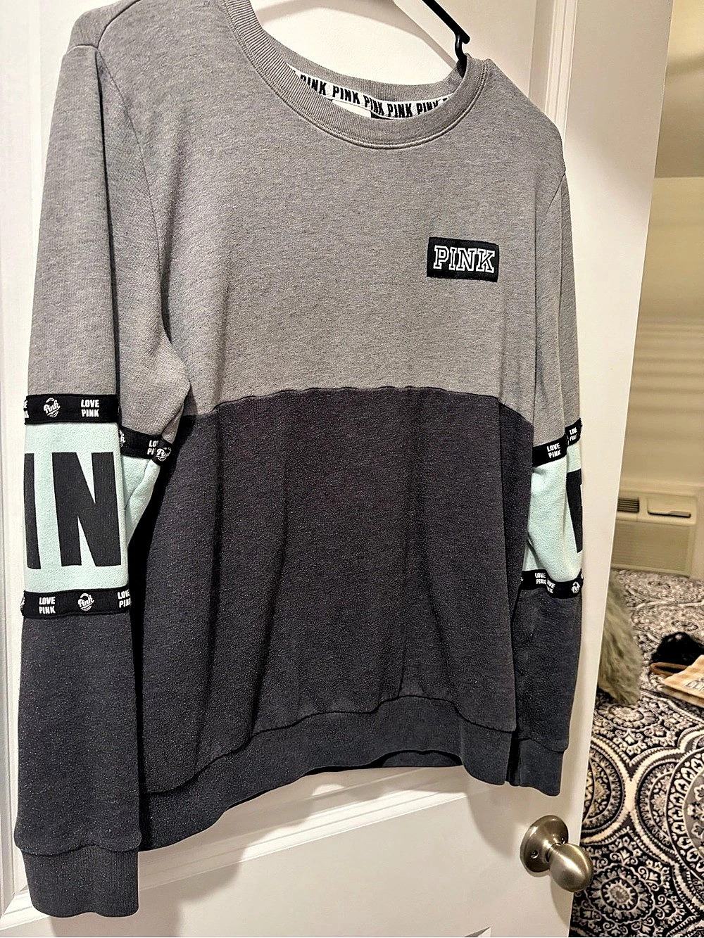 PINK Victoria's Secret Colorblock Logo Tape Crewneck Sweatshirt Gray & Black